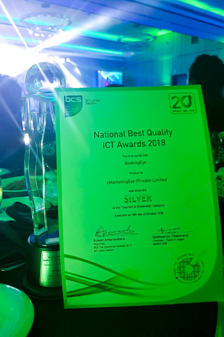 eMarketingEye's tweet photo. BookingEye - The Internet Booking Engine developed by eMarketingEye won the Silver Award at NBQSA 2018 under the Tourism and Hospitality Category at a gala ceremony recently held at Galadari Hotel, Colombo.

#NBQSA #SilverAward #Tourism #Hospitality #InternetBookingEngine https://t.co/agzQo1tueM
