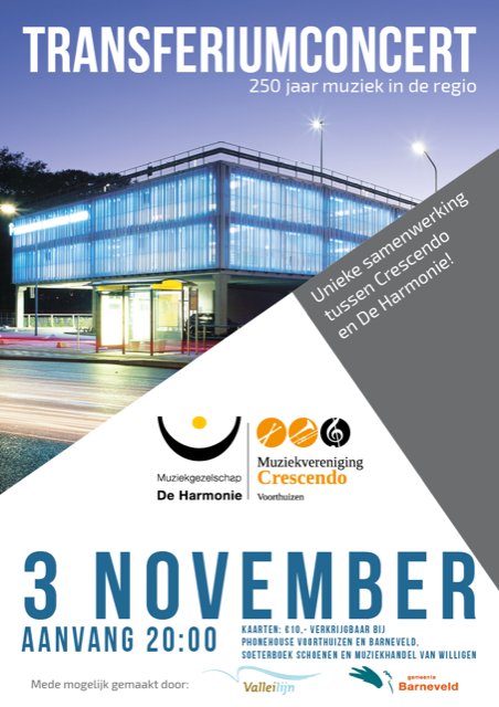 Heeft u al kaarten voor de het unieke Transferiumconcert op 3 november 2018? Verkrijgbaar bij The Phone House in Barneveld en Voorthuizen, Soeterboek Schoenen en Muziekhandel Van Willigen én bij de leden van <a href="/harmoniebveld/">Harmonie Barneveld</a> en <a href="/Crescendo1908/">CrescendoVoorthuizen</a>. Van harte aanbevolen.