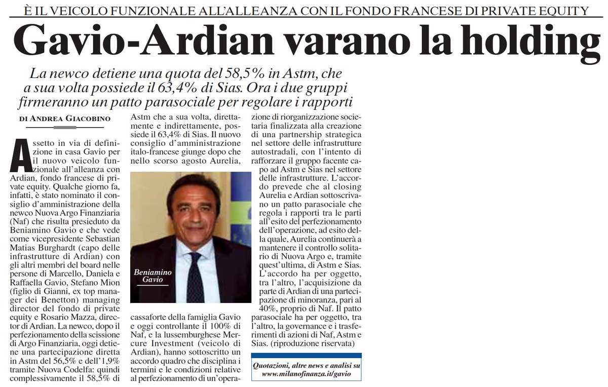 andreagiacobin1's tweet image. #autostrade @BorsaItalianaIT @Ardian @LaStampa Così la newco fra #Gavio e #Ardian. Su MF 23/10/18.
