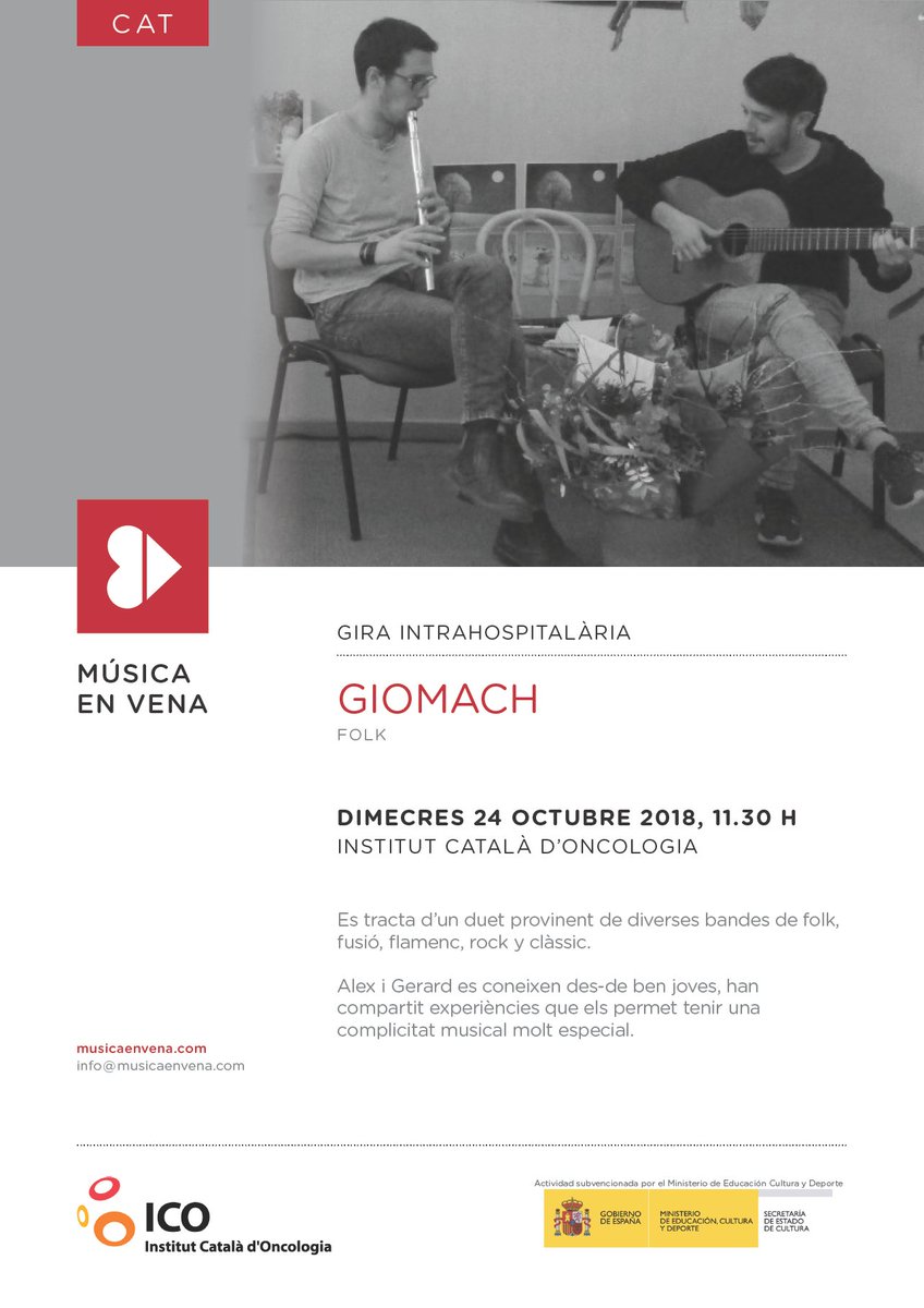 ICO_oncologia's tweet photo. Demà dimecres tornen els músics de @musicavena a l'ICO l'Hospitalet - Hospital Duran i Reynals. Demà a partir de les 11:30h serà el torn de #Giomach omplint de música folk les sales d'espera i habitacions de pacients https://t.co/y7CO6broyP