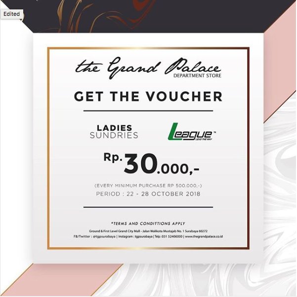 GrandCitySBY's tweet photo. SPECIAL PROMO For you! Get voucher Rp 30.000 every minimum purchase Rp. 500.000 only at @TGPSurabaya Level G &amp; 1 @GrandCitySBY Mall 🤗 #mygrandcity #promo #shopping #TheGrandPalace #Surabaya #UpdateTenant #October https://t.co/1wAPZuFFDo