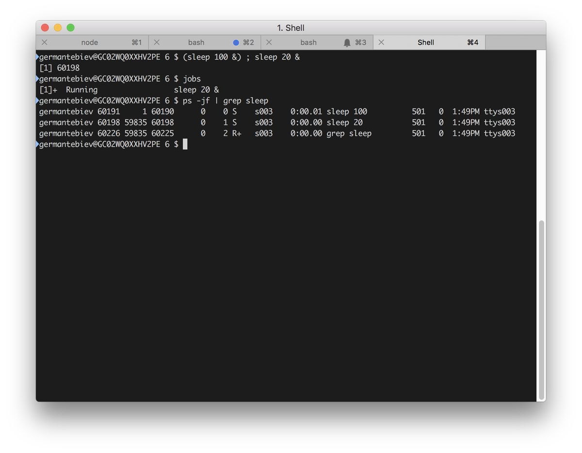 turbobureaucrat's tweet photo. Using () creates a separate subshell for (sleep 100 &) thus not showing it in the results of jobs command. Do () create subshell every time when used? Like (echo 1) or something like that?
#Shell #Linux #MasteringBash #Bash https://t.co/11WCHZNS8a