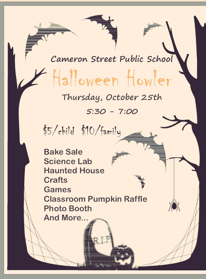 CameronStPS's tweet photo. It’s coming!!!  Join us this Thursday Comets!!! #annualtradition #schoolcouncil #howlertime #camspirit #familyfun @SCDSB_Schools https://t.co/8YEVpxJWie