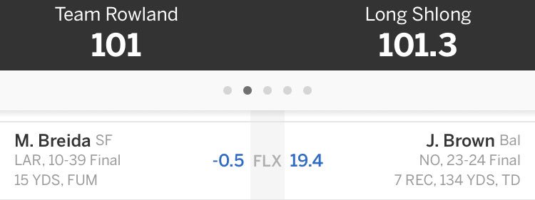 Devan_Uyeda's tweet photo. @NFLfantasy Lost by 0.3 because I played Breida as my FLEX https://t.co/9xRcdKzVtZ