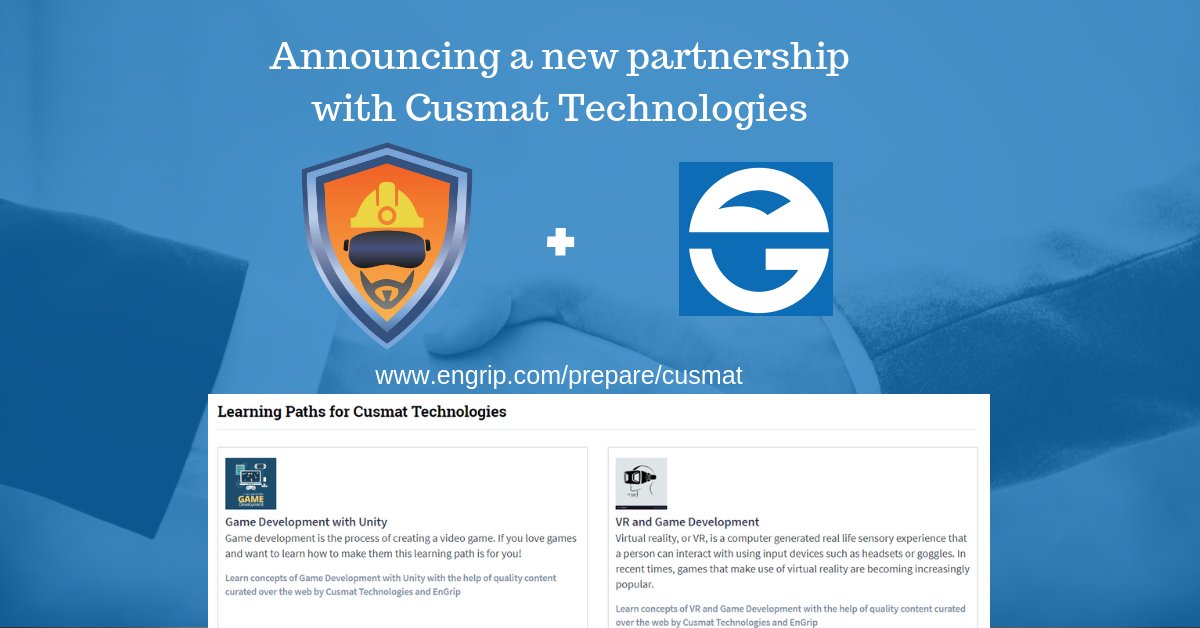 EngripApp's tweet photo. CUSMAT has partnered with EnGrip to improve the pre-hire candidate quality of their fresher recruitment. Cusmat Technologies will  measure candidate preparation and job readiness  using EnGrip learning paths and periodically monitor, interact and mentor the deserving candidates. https://t.co/zgccJzR30c