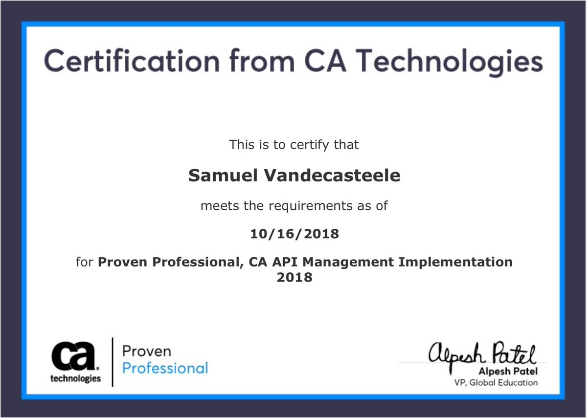 Proud to announce my certification as Proven professional on CA API Management implementation. Let's do some more cool API projects!
@CAapi @i8c #APIManagement #integration #security https://t.co/WhQMfkKSX1