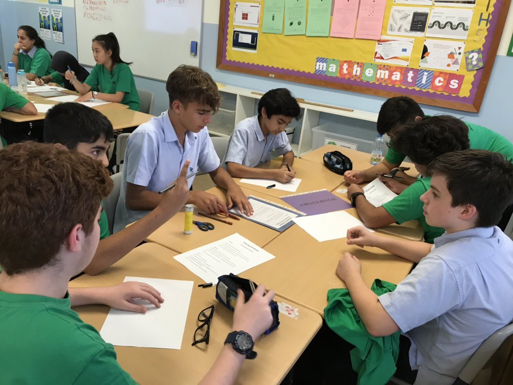 DCMathsDept's tweet photo. Last, but not least, Dragon House discussing strategies to some challenging problems at the Year 9 Maths House Competition yesterday @DohaCollege https://t.co/91dhCsVcrp