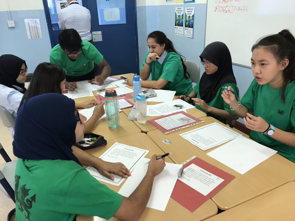 DCMathsDept's tweet photo. Last, but not least, Dragon House discussing strategies to some challenging problems at the Year 9 Maths House Competition yesterday @DohaCollege https://t.co/91dhCsVcrp
