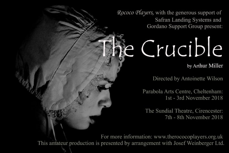 The Crucible performed by the Rococo Players

Thursday 1st, Friday 2nd and Saturday 3rd November @ 7.30pm each night. 

More information can be found here:
therococoplayers.org.uk/the-crucible-2…

#Cheltenham #glosinfo #glosevents