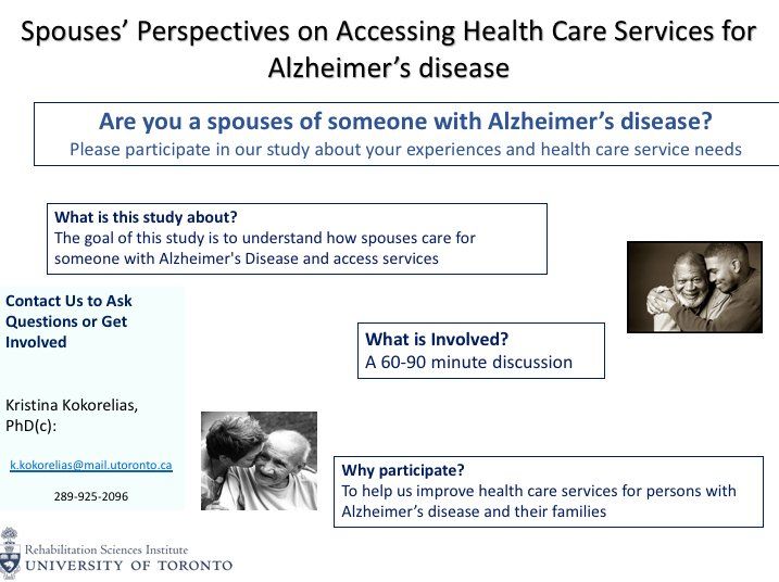 kmkokorelias's tweet image. Spousal HUSBANDS Caregivers for #Alzheimers Disease! Study about #caregiving experiences and support needs.Please RT @AlzheimerDurham @Alzheimers_NIH @lifecourseUofT @Alzheimer_HPE   @CARPAdvocacy @HomeCareOntario @eunice_gorman  @Alzoxford  @ASOCathy  @mlowiyoung  @GaleAlzOnt