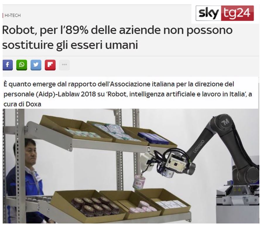 AidpNazionale's tweet photo. #robot e #AI in azienda aumentano sicurezza e produttività. A rischio i lavori meno qualificati, ma al centro rimangono sempre le #persone. Alcuni commenti dal primo rapporto su robot, IA e lavoro in Italia di #AIDP #LABLAW curato @doxa_research https://t.co/SC556R57ec @SkyTG24 https://t.co/hKzUxNAkSl