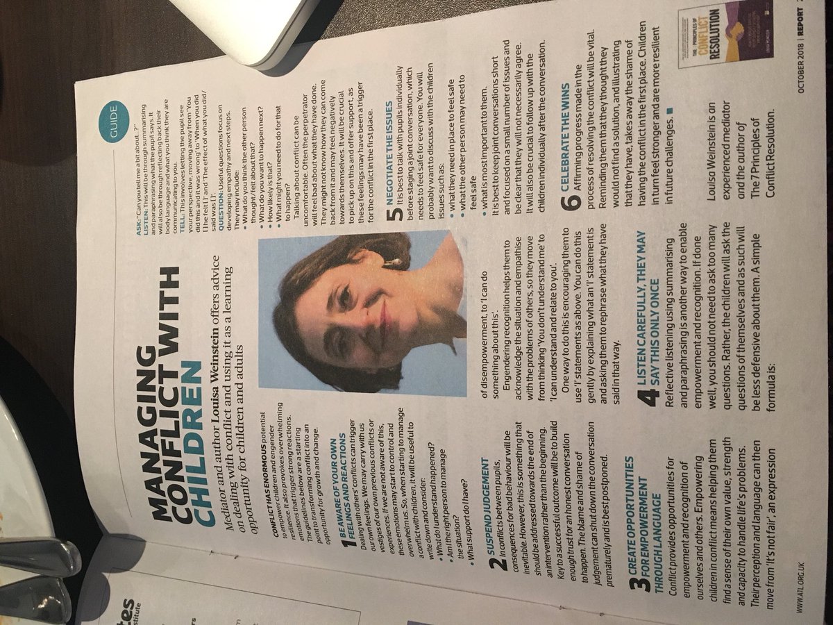 MissHops93's tweet image. Reading through Louisa Weinstein’s article this morning in @ATLReport on managing conflict with children. Really good read with incredibly useful tips to use in the classroom! @mediationatwork