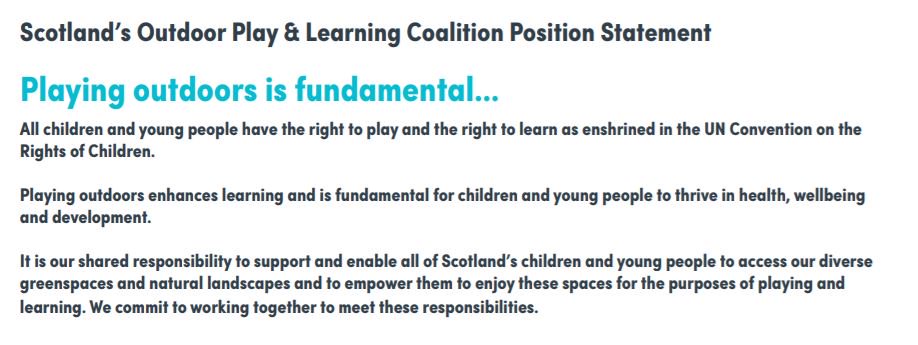 Scotland’s first Outdoor Play &amp; Learning Coalition Position Statement was launched yesterday.

Playing outdoors is fundamental for children's health &amp; wellbeing, &amp; we all have a collective responsibility to ensure they are provided with opportunities to play!  #ScotOutdoorPlay