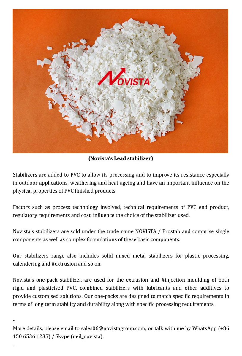 novistachem's tweet image. Novista&apos;s PVC Stabilizer

-More details, please email to sales06@novistagroup.com; or talk with me by WhatsApp (+86 150 6536 1235) / Skype (neil_novista).

#pvcstabilizer #pipes #fittings #pvcpipes #pvcadditives #PVCsheets #PVCboard #profiles #PVCfittings

linkedin.com/feed/update/ur…