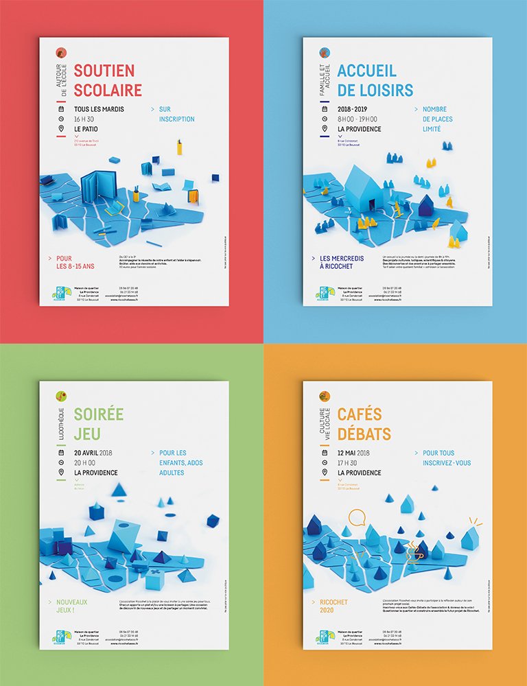 Affiches autour du papier/volume pour l’association <a href="/ricochetasso/">Association Ricochet</a> , maison de quartier au Bouscat ! #bordeaux #lebouscat #lebouscatvilleavivre #association #paper #papercraft #papercut #graphicdesign #graphisme #graphism #lequartiergraphique #affiche #gabarit