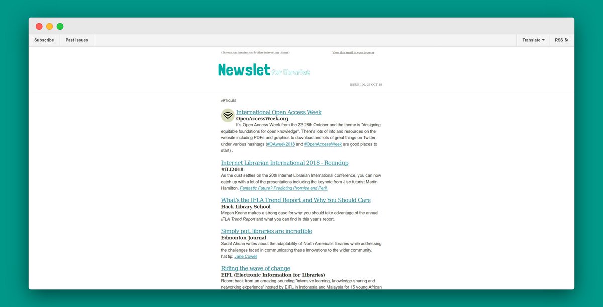 artefactors's tweet photo. Newslet for Libraries, issue 106 is now out, with lots of great stuff for & about #libraries, including from #OAWeek18, #ILI2018, @hacklibschool, @edmontonjournal, @EIFLnet & lots more https://t.co/y2JADV38Fp https://t.co/HB76W8Iisq