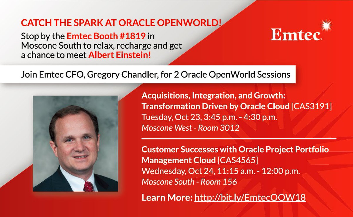 EmtecInc's tweet photo. Join Emtec CFO today at 3:45 in Moscone West – Room 3012 to hear Emtec’s Cloud Success Story and future plans to leverage more Oracle Cloud solutions. #oow18 #catchthespark https://t.co/kMvBZMLC2a https://t.co/hfoTqarUAR