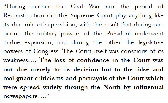 (25)As the legal historian Charles Warren later lamented, Republicans' popular assault on the Court crippled the institution for more than a decade.  https://www.pulitzer.org/winners/charles-warren(For me, this was Good: it helped make emancipation and Reconstruction possible.)