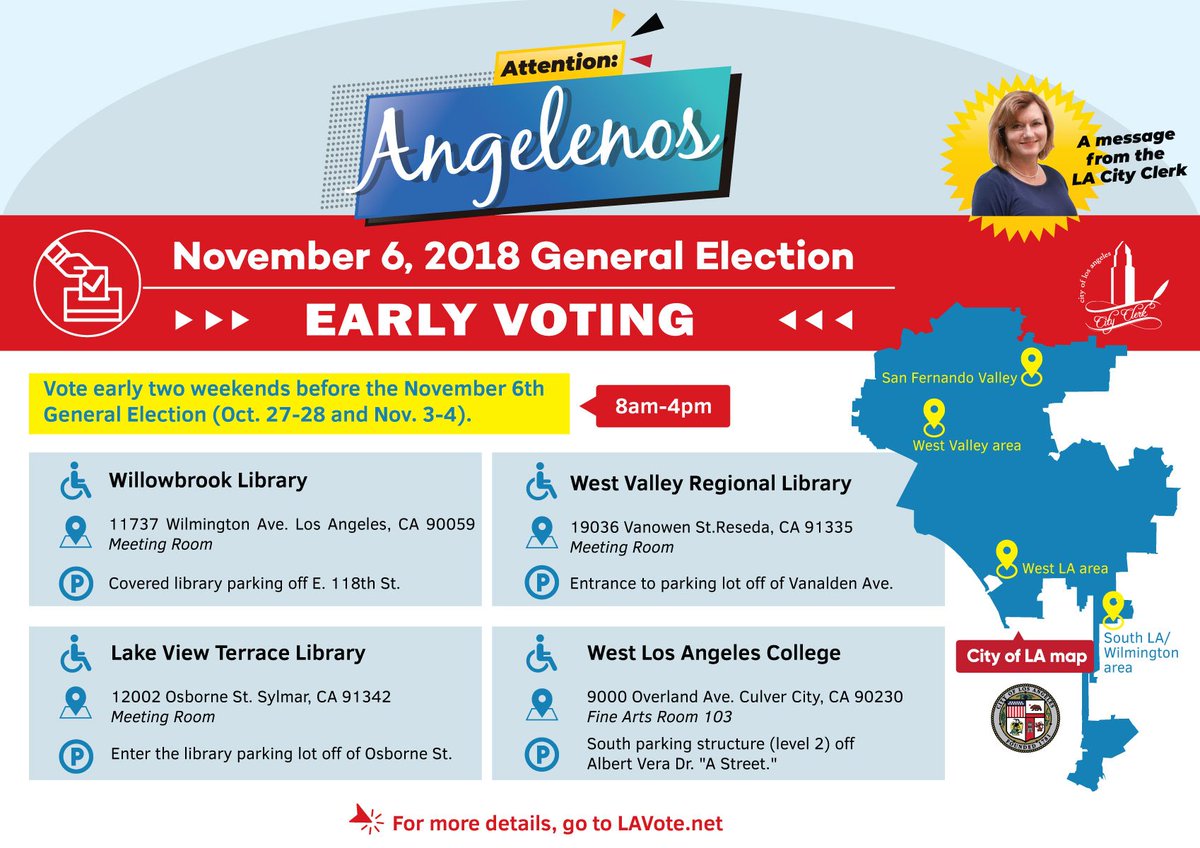LACityClerk's tweet photo. For more locations visit https://t.co/36fHiJtTNN 
#November6 #iVoteLA #LACityVotes https://t.co/U1hwW2p9dU