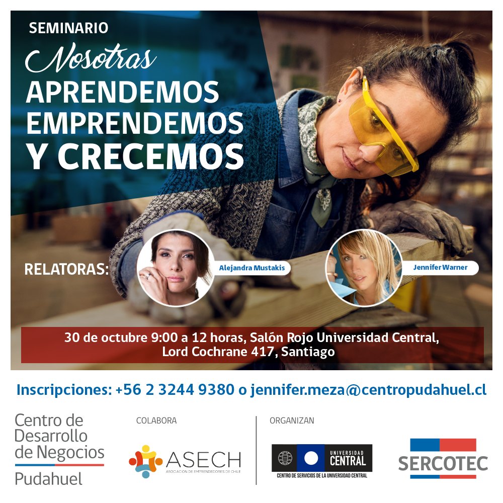 ASECH_ag's tweet photo. ¿Eres emprendedora o quieres emprender? 🤔 ¡Entonces no te pierdas el seminario gratuito "Nosotras aprendamos, emprendemos y crecemos", organizado por el CDN de Pudahuel de @Sercotec_Chile! Para inscripciones e info. ingresa a https://t.co/uPGNWQIa7K https://t.co/5AMGCIMpgS