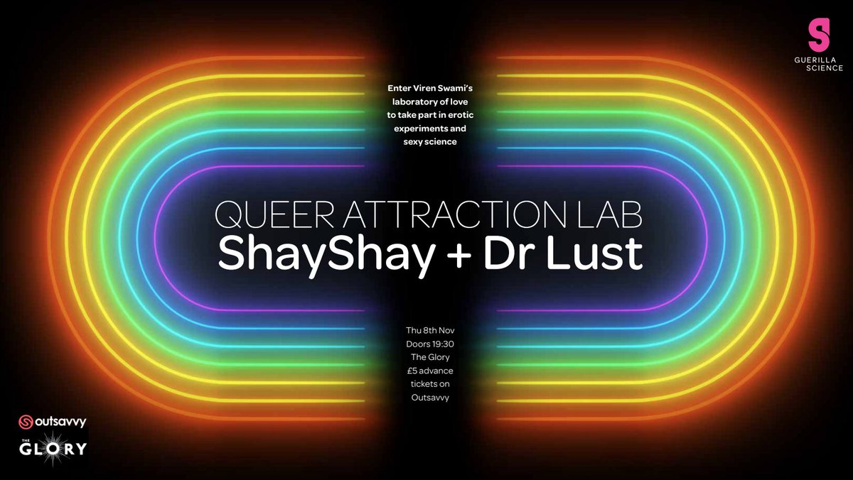GuerillaScience's tweet photo. Festival flirts #QueerAttractionLab launch the lusty LGBTQ+ laboratory 🔬 @theglorylondon with host @SHAYSHAYSHOW & Viren Swami as Dr. Lust Nov 8th! 👄 £5 Tix: https://t.co/Fq0XkChkAq https://t.co/puBEZGnCj0