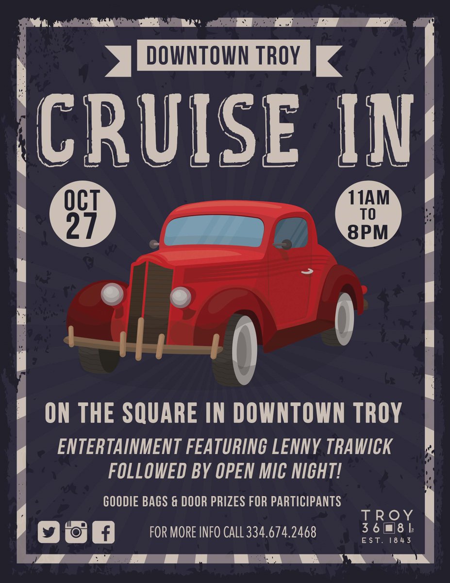 Downtown Cruise In this Saturday on the square in Downtown Troy! Come down and check out all the cool vehicles, visit with their owners and enjoy live music! #36square81 #downtowntroyalabama