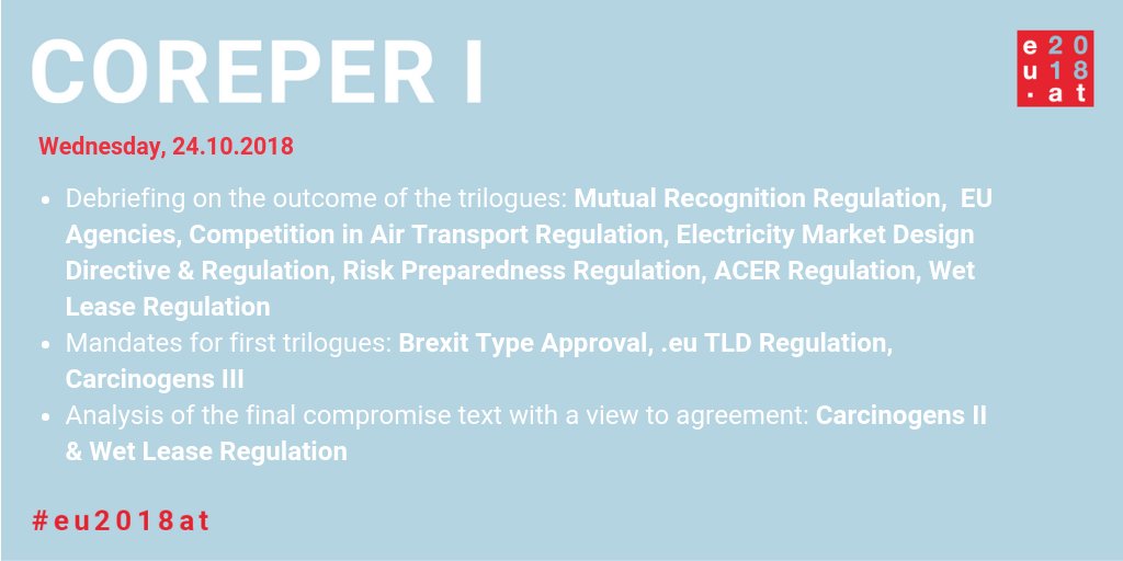 Busy day for 🇪🇺 #Coreper I ambassadors - meeting starts at 10h.
On the menu: trilogues, trilogues, #trilogues &amp; success for #eu2018at! ➡️ two signatures after the analysis on the final compromise text on Wet-Lease and on Carcinogens II #delivered