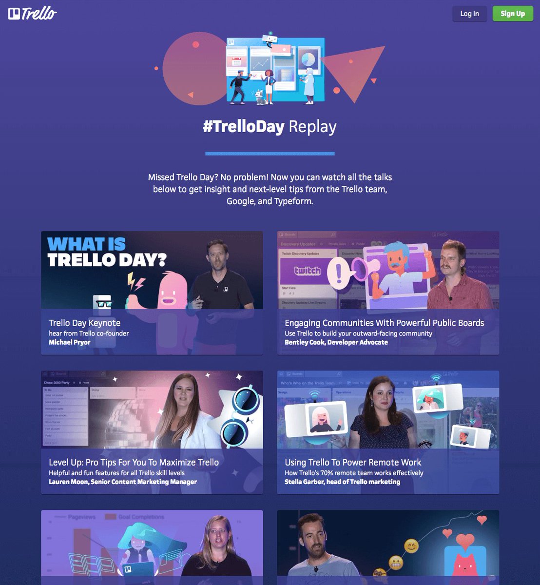 trello's tweet photo. Felt like you missed out on Trello Day talks? Never fear! #TrelloDayReplay is here 🎉 We've given access to everyone to watch exclusive talks about all things Trello: https://t.co/6UbHvxrkPx https://t.co/QOv9nKVPwu