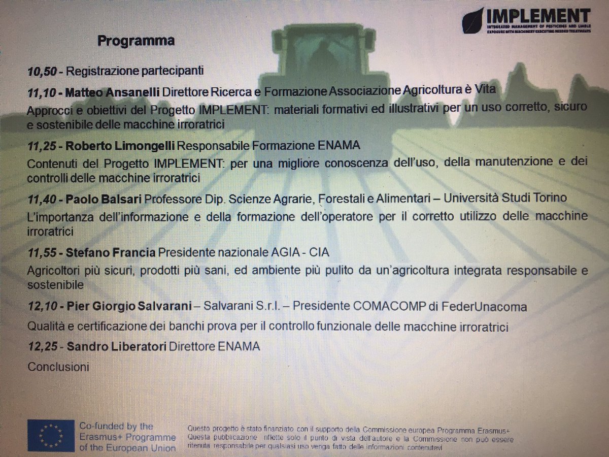 MassimoCanalicc's tweet image. EIMA international 2018 @eima2018 eima.it/it/programma.p… 09/11/2018 ore 11 Bologna Fiere Sala Gavotta Presentazione dei risultati del progetto @Implement_k2 National Multiplier Event
Per un uso corretto, sicuro e sostenibile delle macchine irroratrici @Cia_Agricoltura @EnteEnama