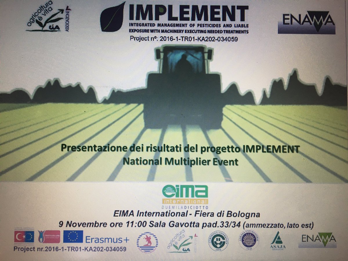 MassimoCanalicc's tweet image. EIMA international 2018 @eima2018 eima.it/it/programma.p… 09/11/2018 ore 11 Bologna Fiere Sala Gavotta Presentazione dei risultati del progetto @Implement_k2 National Multiplier Event
Per un uso corretto, sicuro e sostenibile delle macchine irroratrici @Cia_Agricoltura @EnteEnama