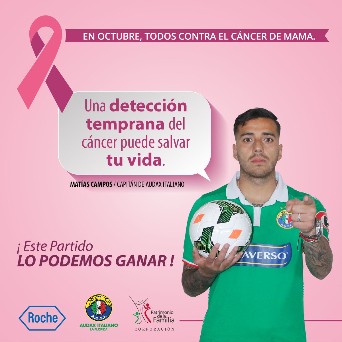 audaxitaliano's tweet photo. Matías Campos Toro, capitán de la Prima Squadra, se unió a la campaña impulsada por Laboratorio Roche, Corporación Patrimonio de La Familia y @audaxitaliano para sensibilizar acerca del cáncer de mama. #EstePartidoLoPodemosGanar https://t.co/xnOjSaUoog