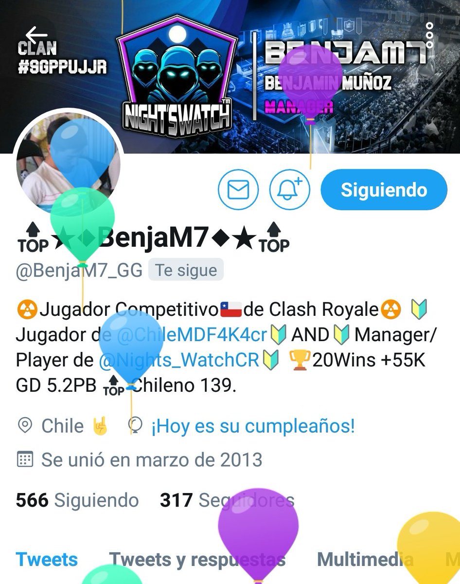 Queremos desearle un 🎈Feliz Cumpleaños🎈 a uno de nuestros jugadores más antigüos del Clan.
🕺Una persona que lo ha dado todo en cada guerra y también excelente persona👌
<a href="/BenjaM7_GG/">⚡️BenjaM7⚡️</a>, además, felicitarlo por su victoria en la #CopaChilena🏆
Que gran partido @ChileMDF4K4cr!
GG!
