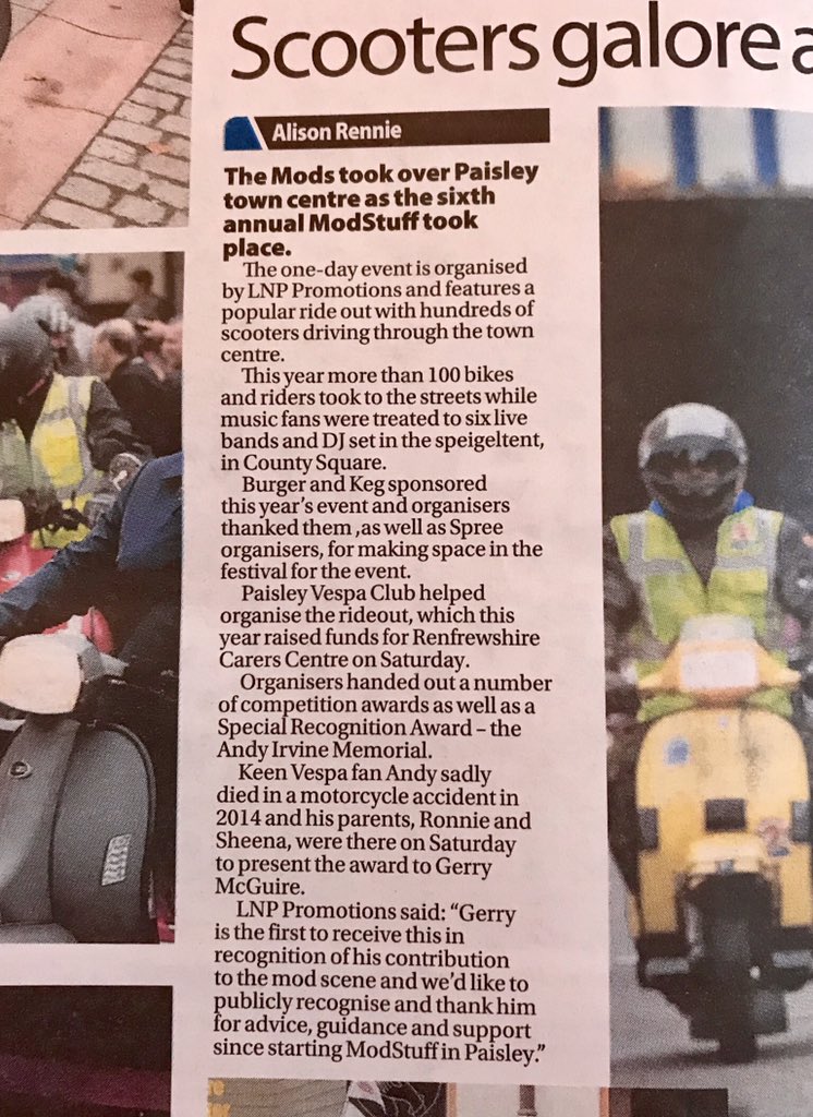 LNPPromotions's tweet image. Invasion of the mods at #ModStuff #paisley @SpreeFestival 
#Scooters galore. 😎

Today’s @PDEofficial 👍