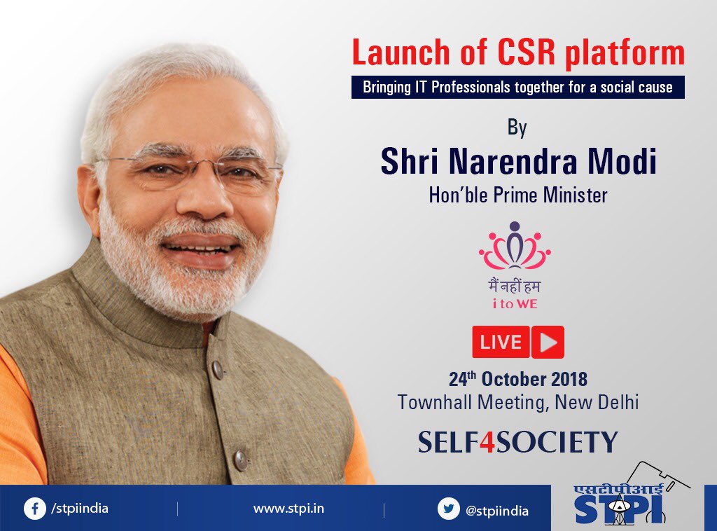 cresolteam's tweet image. Hon’ble @PMOIndia Sh. Narendra Modi will interact through a Townhall with IT Professionals and launch #Self4Society on Oct 24, 2018 &amp;amp; from city of Gwalior STPI Incubation Unit    @cresolteam will participate through webcast.nic.in #Self4Society #MaiNahiHum #STPIINDIA