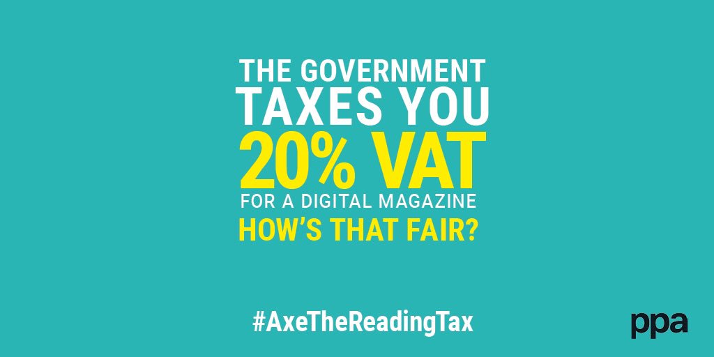 pauseyourday's tweet image. When you #PressPause with your favourite magazine on a tablet or mobile, you’re hit with 20% VAT. 
How is that fair? Join our campaign to #AxeTheReadingTax #Budget2018 

axethereadingtax.org/get-involved
