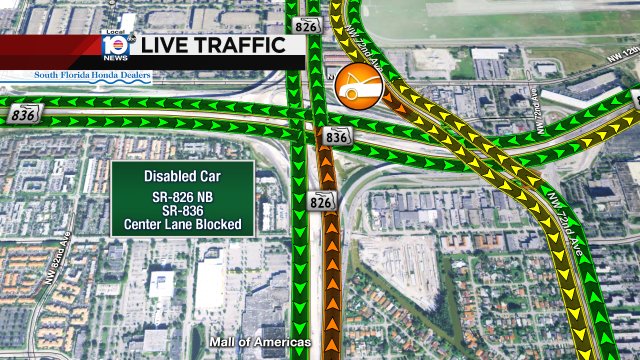 DISABLED CAR: SR-826 NB & SR-836. A center lane is blocked. #TRAFFIC #MIAMI https://t.co/E0yvkhlwNd