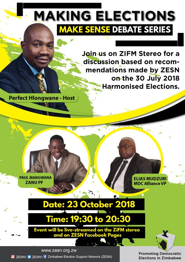 ZESN1's tweet photo. Join us on @ZiFMStereo for a discussion based on recommendations made by ZESN on the 30 July 2018 Harmonised Elections. Panelist are MDC Alliance Vice President Elias Mudzuri and ZANU PF's Munyaradzi Paul Mangwana #MakingElectionsmakeSense. Live from 7:30 to 8:30 pm tonight https://t.co/j52uiBNwV8