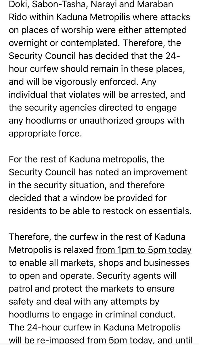 GovKaduna's tweet photo. Update on the curfew https://t.co/c9ucC4QWaT