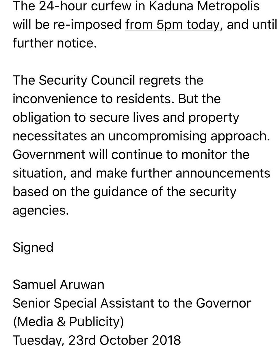 GovKaduna's tweet photo. Update on the curfew https://t.co/c9ucC4QWaT
