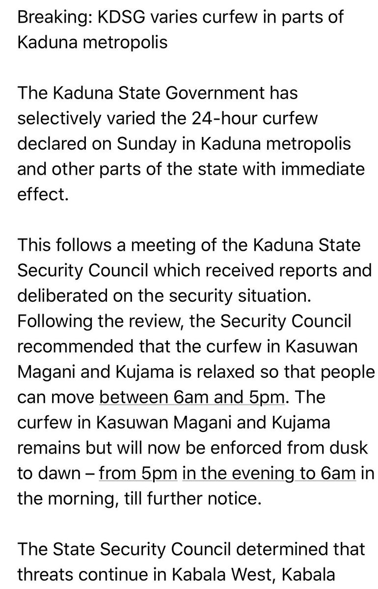 GovKaduna's tweet photo. Update on the curfew https://t.co/c9ucC4QWaT