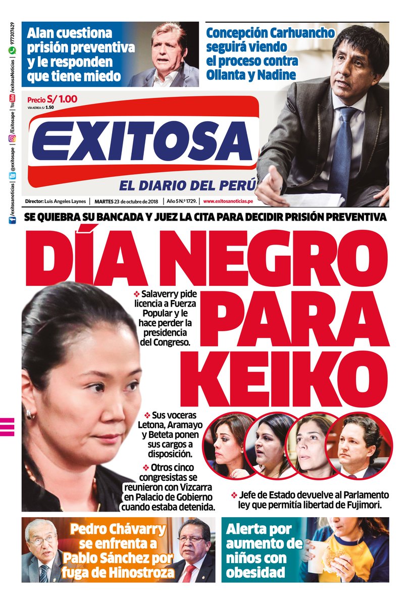 Esta es la portada de hoy martes 23 de octubre de tu diario Exitosa.
► bit.ly/2NkdkvN