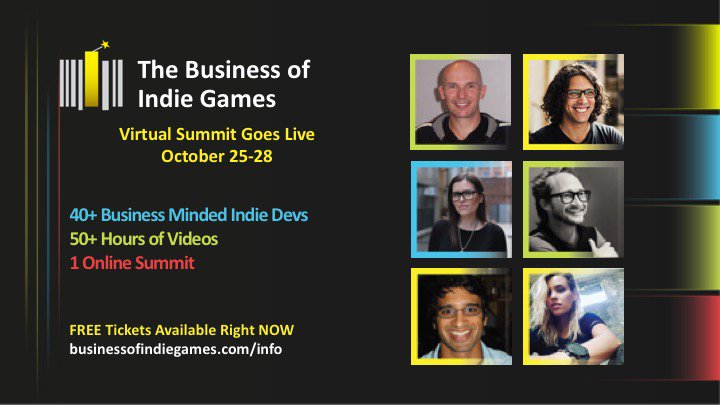 The Virtual Games Summit, by <a href="/bizofindiegames/">Business of Indie Games</a>, goes live on 25-28  October. The summit will include 40+ interviews with game developers  &amp; business veterans, who are focusing on the  strategy, money and  marketing of games. We provide a 40% discount! bit.ly/2JhRHvX