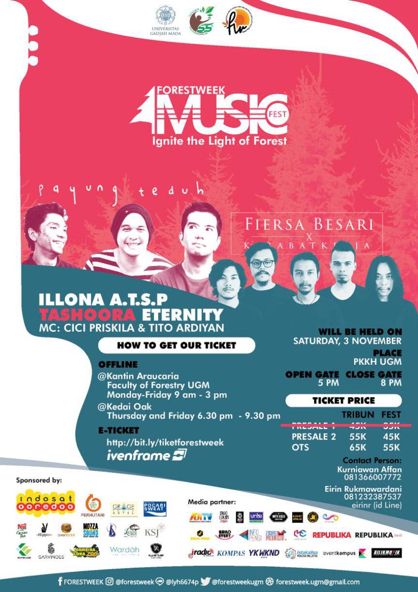 forestweekugm's tweet photo. [MUSIC FESTIVAL: IGNITE THE LIGHT OF FOREST]

Feel the atmosphere of a concert that will totally light up your night at
“FORESTWEEK 2018: Music Festival”
with Payung Teduh, Fiersa Besari x Kerabat Kerja, Illona ATSP, Tashoora, and Eternity! https://t.co/58TbsSiotd