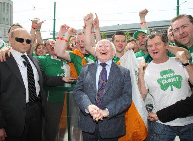 Cork4MDH's tweet photo. For today’s #DailyHiggins we have a photo taken of @MichaelDHiggins in Poznan, Poland during the European Championships with Irish fans. Our president has always been a strong supporter of our Irish sports teams abroad  #MichaelDForPresident #Aras18 #KeepThePoet https://t.co/JwSRm8NoXF