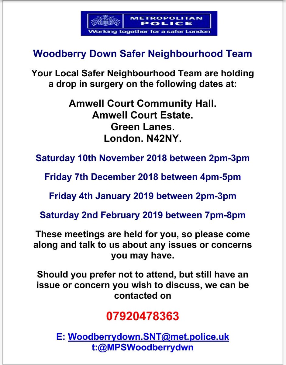 MPSWoodberryDwn's tweet photo. New #WoodberryDown #DropinSurgeries. More locations and more opportunities for you to come and speak to your #LocalPolicingTeam. We're always more than happy to listen to your concerns. We've additionally got more #CuppaWithaCopper dates coming up too. Hopefully see you there ๐ https://t.co/mCTPjDNmdr