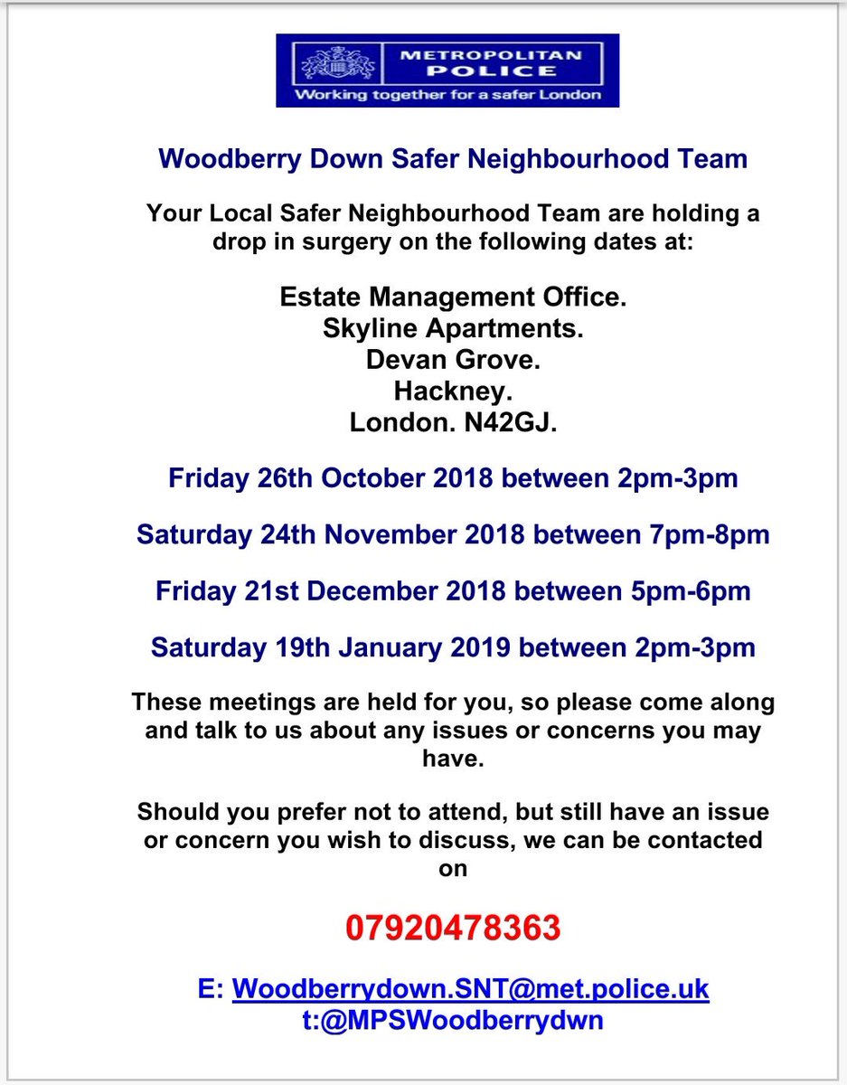 MPSWoodberryDwn's tweet photo. New #WoodberryDown #DropinSurgeries. More locations and more opportunities for you to come and speak to your #LocalPolicingTeam. We're always more than happy to listen to your concerns. We've additionally got more #CuppaWithaCopper dates coming up too. Hopefully see you there ๐ https://t.co/mCTPjDNmdr