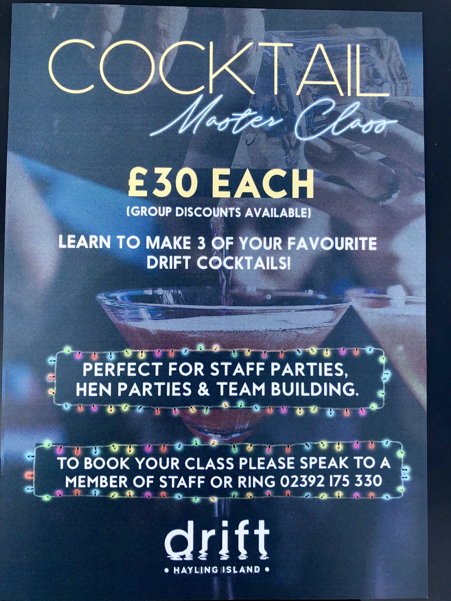 Callum_James94's tweet image. Drift Hayling Island 

Cocktail masterclasses: 
- £30 per person 
- Prosecco on  arrival 
- 3 cocktails of your choice
- Nibbles included or upgrade to canapés for £5 per person 
- £50 deposit
