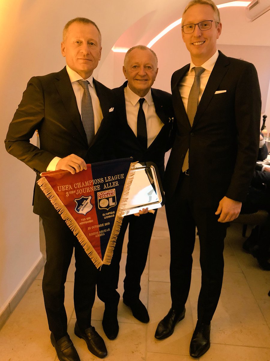 OL's tweet photo. Le président @JM_Aulas avec les dirigeants du @tsghoffenheim et le délégué @ChampionsLeague, Danilo Filacchione lors du dîner officiel. 👍🏻 https://t.co/VyCs7brSQs
