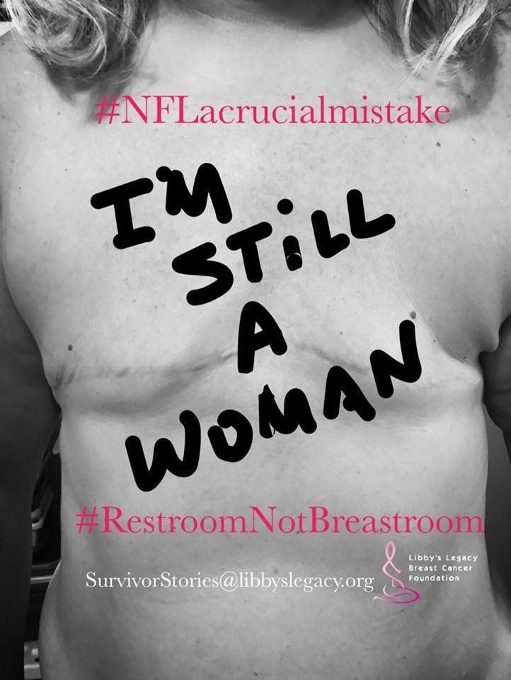 At an NFL game meant to HONOR Survivors, we are OUTRAGED one of our BREAST CANCER SURVIVORS was accosted in the Womens room at the BREAST CANCER <a href="/Buccaneers/">Tampa Bay Buccaneers</a> vs. <a href="/Browns/">Cleveland Browns</a> <a href="/NFL/">NFL</a> game Sunday! She left the game. Still no apology !
#RestroomNOTBreastroom #NFLaCrucialMistake
#LetHerPee