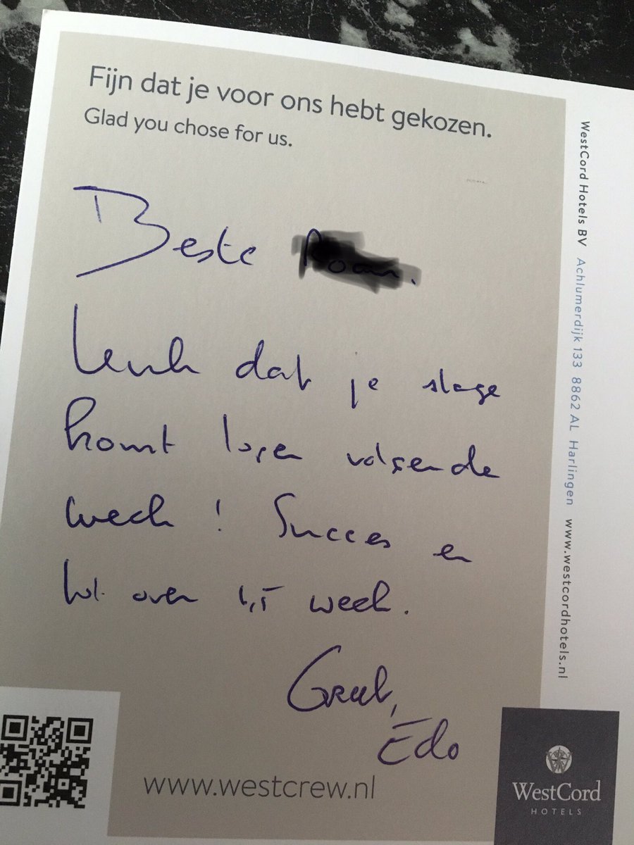 VMBOOnStage's tweet image. Tjonge. Hoe welkom kun je je voelen?
Als je stage gaat lopen bij @WestCordDelft @WestCordHotels, krijg je dus tevoren post thuis. Van de directeur. 💜💚